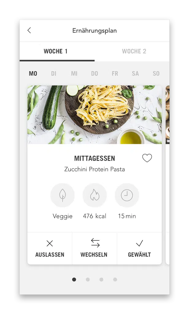 XTRASPORT Ernährungsplan Plan mit Mahlzeiten (Smartphone Ansicht Beispiel Tag)