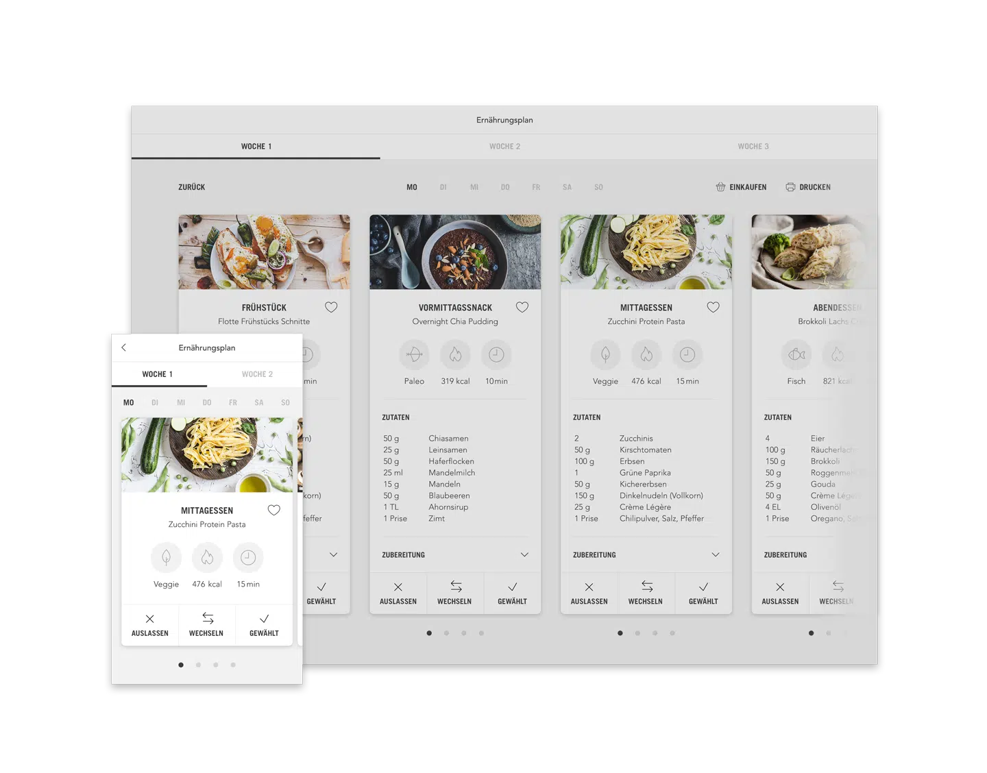 XTRASPORT Ernährungsplan Plan mit Mahlzeiten (Desktop responsive Ansicht Beispiel Tag)